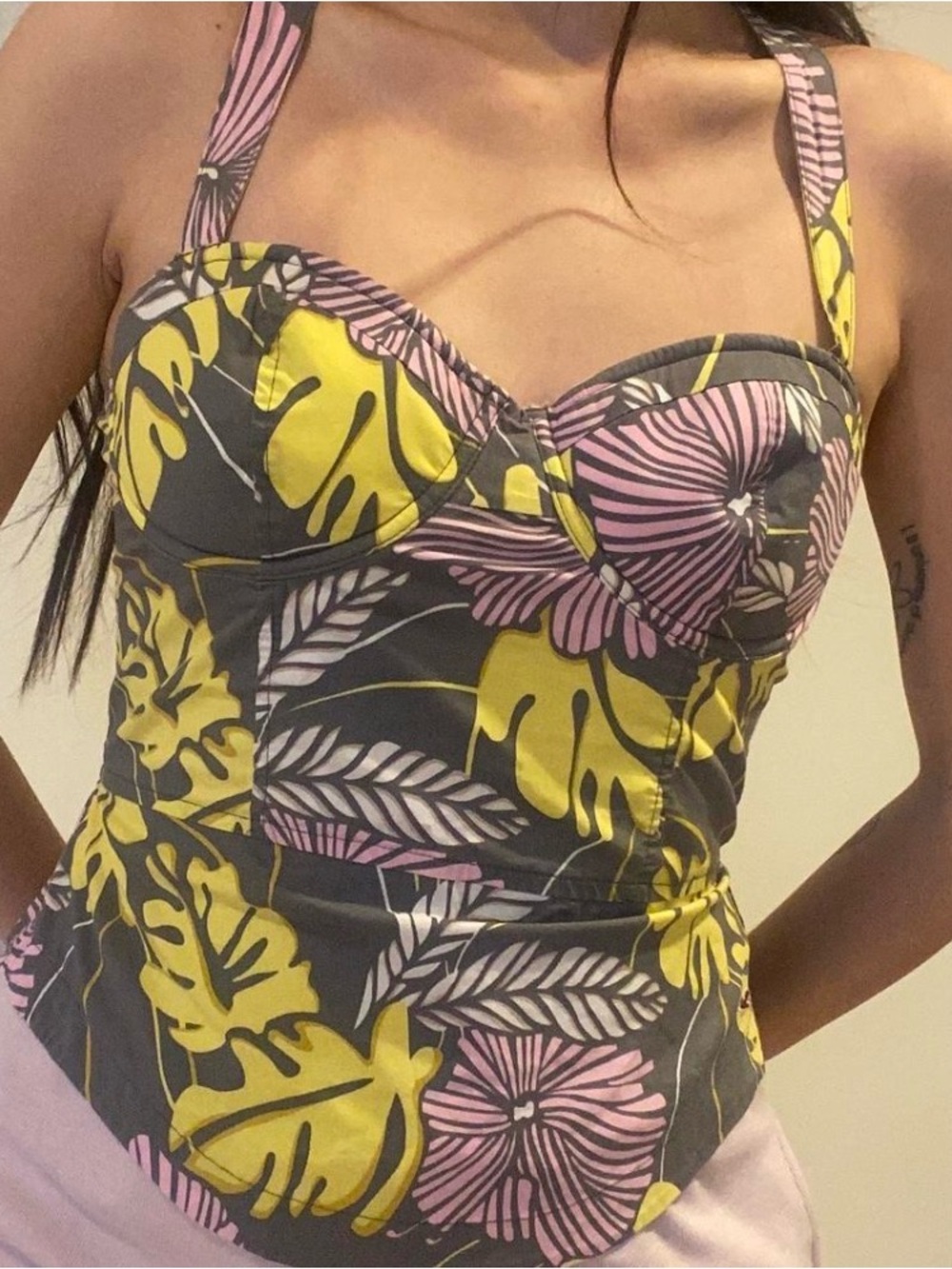 Hollister Tropical Sweetheart Bustier Tank in Yellow, Pink & Gray
